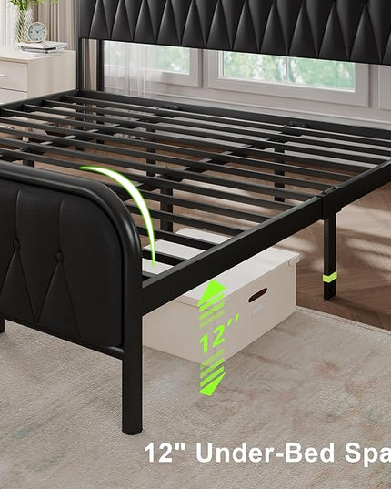 Feonase King Bed Frame with Type-C & USB Port, Metal Platform Beds, with Faux Leather Upholstered Headboard & Footboard, 12" Underbed Storage Space, Easy Assembly, Noise-Free, Black - LeafyLoom