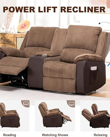 COMHOMA Double Reclining Sofa Chair, Power Lift Recliner Chair Loveseat with Storage Console, Recliner Sofa with Cup Holders Living Room Furniture (2 Seater) - LeafyLoom