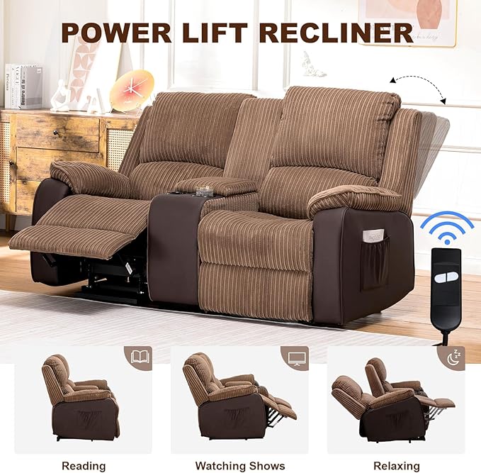 COMHOMA Double Reclining Sofa Chair, Power Lift Recliner Chair Loveseat with Storage Console, Recliner Sofa with Cup Holders Living Room Furniture (2 Seater) - LeafyLoom