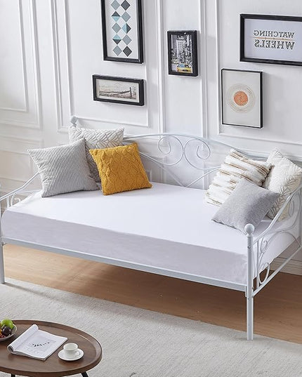 VECELO Daybed Frame, Twin Size Metal Platform Sofa Bed Mattress Foundation with Headboard, Heavy-Duty Steel Slat Support for Bedroom Living/Guest Room, Easy Assembly, White - LeafyLoom