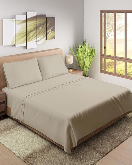 Purity Home Organic 100% Cotton King Size Sheets Set Beige, Percale Weave King Bedding Set, Crisp, Cooling & Breathable Beige Bed Sheets King Size, Fits Mattress Upto 16" Deep Pocket - LeafyLoom