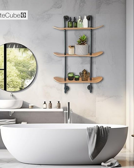 Industrial Shelves - 3 Tier Floating Shelf Bookcase with Mellow Concave Skateboard Decks - Natural Wood Stain Finish - Easy to Assemble - Bathroom Wall Decor, Book Shelf for Living Room - LeafyLoom