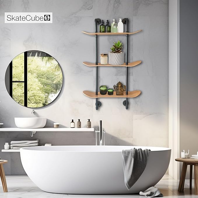 Industrial Shelves - 3 Tier Floating Shelf Bookcase with Mellow Concave Skateboard Decks - Natural Wood Stain Finish - Easy to Assemble - Bathroom Wall Decor, Book Shelf for Living Room - LeafyLoom