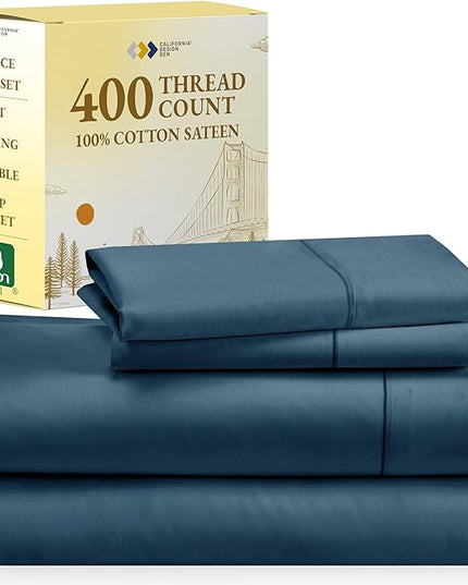 California Design Den 100% Cotton Sheets - Softest 4-Pc Queen Sheet Set, Cooling Sheets for Queen Size Bed,Deep Pockets,400 Thread Count Sateen,Bedding Sheets & Pillowcases,Queen Sheets(Peacock Blue) - LeafyLoom