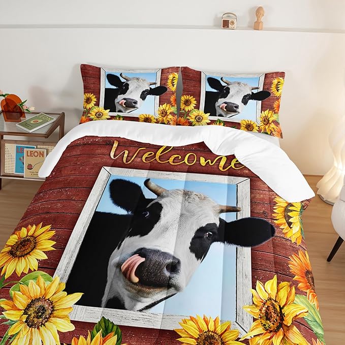 HOSIMA Farmhouse Animal Cow Comforter with 2 Pillowcases,Wooden Decor Terracotta Comforter Twin Bed in a Bag Sets for Adults Teens,Cow Print Bedding Room Decor,Sunflower Comforter Set. - LeafyLoom