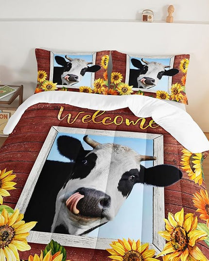 HOSIMA Farmhouse Animal Cow Comforter with 2 Pillowcases,Wooden Decor Terracotta Comforter for Adults Teens,Cow Print Bedding Room Decor,Sunflower King Size Comforter Set. - LeafyLoom