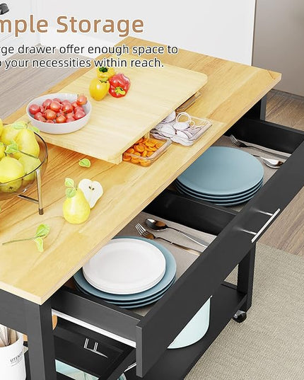 Shintenchi Kitchen Island Cart with Storage,Rolling Kitchen Island Side Table on Wheels with Large Worktop,Storage Cabinet,Towel Rack,Drawers and Open Shelves for Kitchen,Dinning Room,Black - LeafyLoom