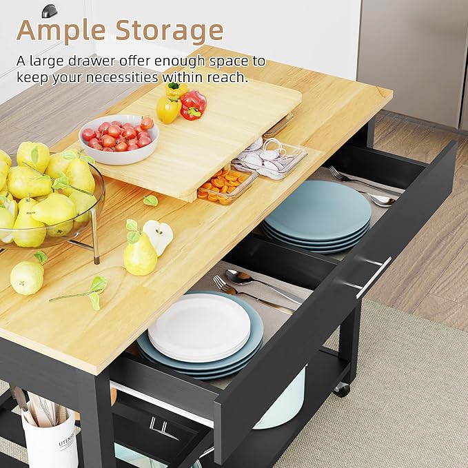 Shintenchi Kitchen Island Cart with Storage,Rolling Kitchen Island Side Table on Wheels with Large Worktop,Storage Cabinet,Towel Rack,Drawers and Open Shelves for Kitchen,Dinning Room,Black - LeafyLoom