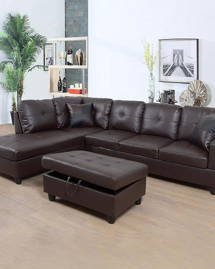 ROOMTEC Button L Shape 3 Piece Sectional Sofa Set, Upholstered Corner Couch with Storage Ottoman, Faux Leather Tufted Cushions, for Living Room, Apartment, 103inch, Deer Brown w/Left Chaise Lounge - LeafyLoom