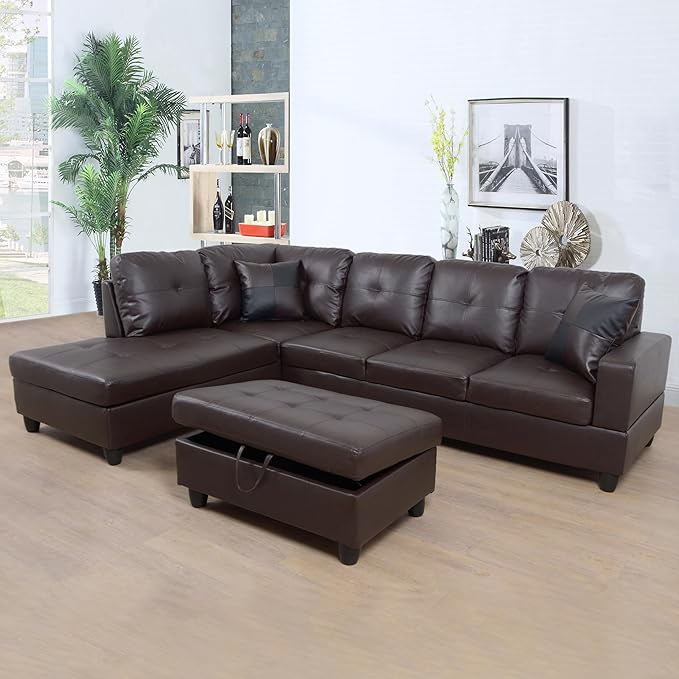 ROOMTEC Button L Shape 3 Piece Sectional Sofa Set, Upholstered Corner Couch with Storage Ottoman, Faux Leather Tufted Cushions, for Living Room, Apartment, 103inch, Deer Brown w/Left Chaise Lounge - LeafyLoom