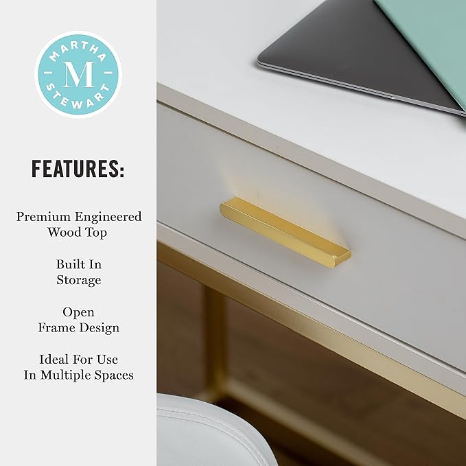 Martha Stewart Ollie Home Office Desk with 3 Drawers in White with Polished Brass Hardware - LeafyLoom