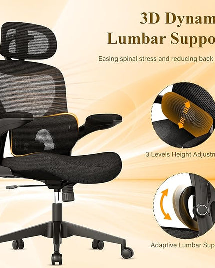 Ergonomic Mesh Office Chair, High Back Desk Chair with Adjustable Lumbar Support, Flip-Up Armrests, Headrest, Swivel Rolling Wheel, Comfy Computer Gaming Task Chairs for Adults Students (Black) - LeafyLoom