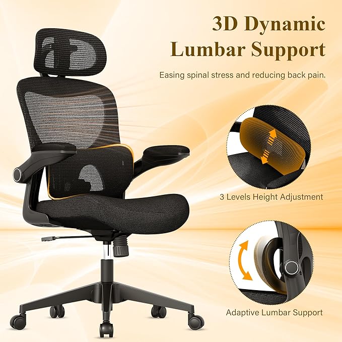 Ergonomic Mesh Office Chair, High Back Desk Chair with Adjustable Lumbar Support, Flip-Up Armrests, Headrest, Swivel Rolling Wheel, Comfy Computer Gaming Task Chairs for Adults Students (Black) - LeafyLoom