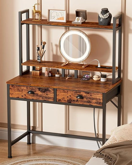 Furologee Small Computer Desk with Power Outlet and 2 Fabric Drawers, Gaming Desk with Light, Home Office Desk with Monitor Stand and Hutch for Small Space Working, Study Table with Shelf Rustic Brown - LeafyLoom