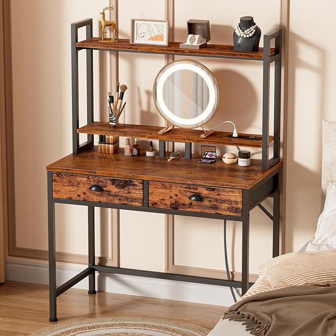 Furologee Small Computer Desk with Power Outlet and 2 Fabric Drawers, Gaming Desk with Light, Home Office Desk with Monitor Stand and Hutch for Small Space Working, Study Table with Shelf Rustic Brown - LeafyLoom