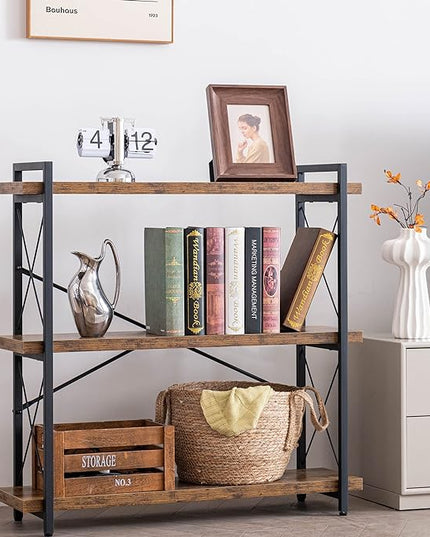 HCHQHS Bookshelf, 3-Tier Industrial Bookcase, Rustic Open Book Shelf, Wood and Metal Horizontal Bookshelves - LeafyLoom