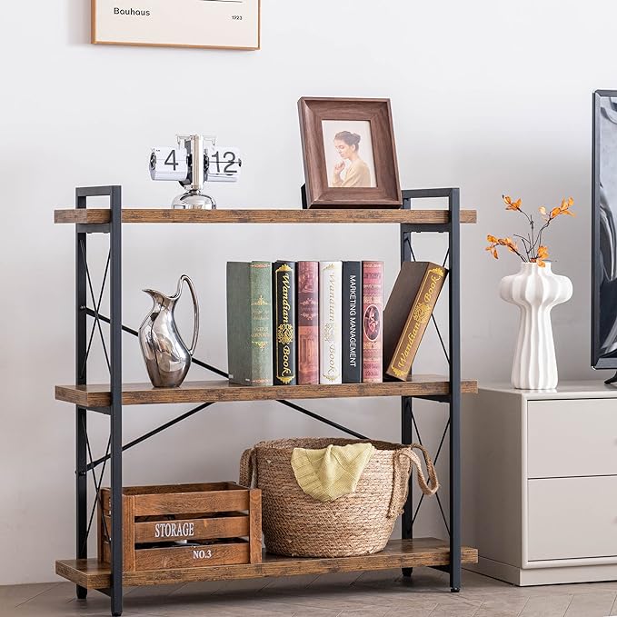 HCHQHS Bookshelf, 3-Tier Industrial Bookcase, Rustic Open Book Shelf, Wood and Metal Horizontal Bookshelves - LeafyLoom
