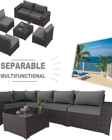 Kullavik 6PCS Outdoor Patio Furniture Set PE Wicker Rattan Sectional Sofa Patio Conversation Sets,Grey - LeafyLoom