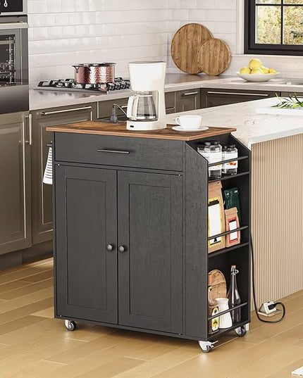 HOOBRO Kitchen Island with Power Outlet, Kitchen Storage Island with Spice Rack and Drawer, Rolling Kitchen Cart on Wheels, for Home, Kitchen and Dining Room, Rustic Brown and Black BF82UZD01G1 - LeafyLoom