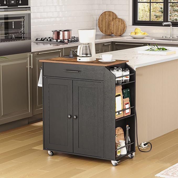 HOOBRO Kitchen Island with Power Outlet, Kitchen Storage Island with Spice Rack and Drawer, Rolling Kitchen Cart on Wheels, for Home, Kitchen and Dining Room, Rustic Brown and Black BF82UZD01G1 - LeafyLoom