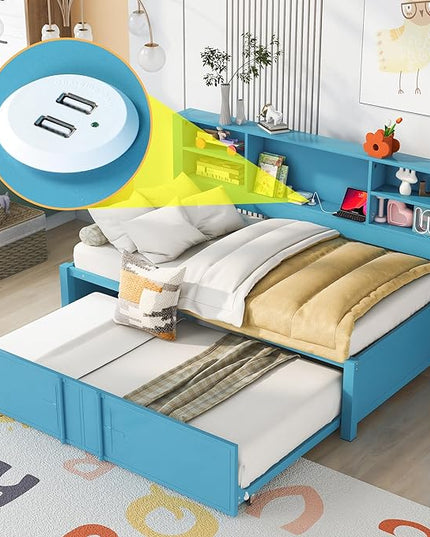 Metal Twin Size Daybed with Trundle and Storage Headboard, USB Charging Port, for Living Room Bedrooms, Blue - LeafyLoom