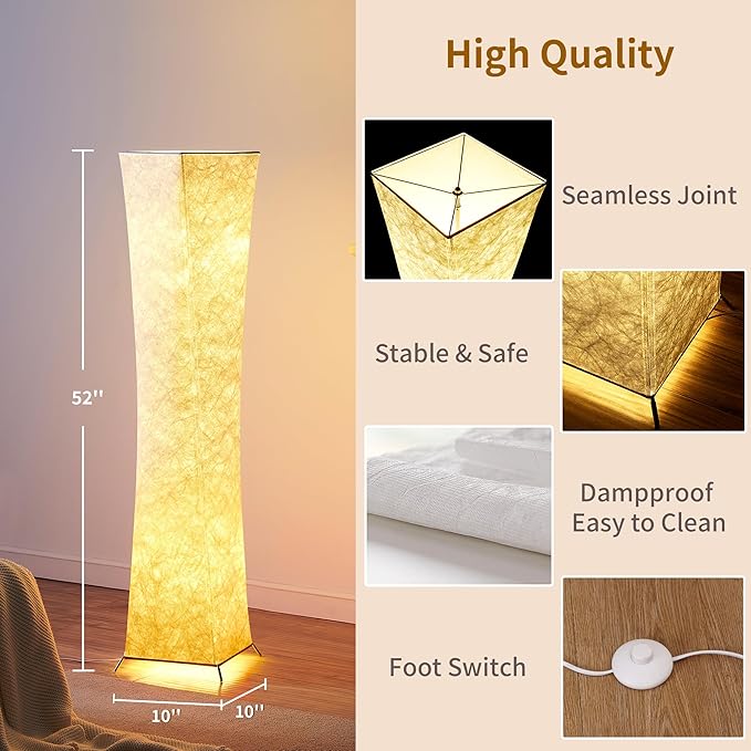 chiphy Floor Lamp, Dimmable 52" (M) Tall Standing Lamp, 3 Levels Adjustable Brightness 12Wx2 LED Bulbs, Column Floor Light w/White Fabric Shade, Home Decor for Living Room, Bedroom - LeafyLoom