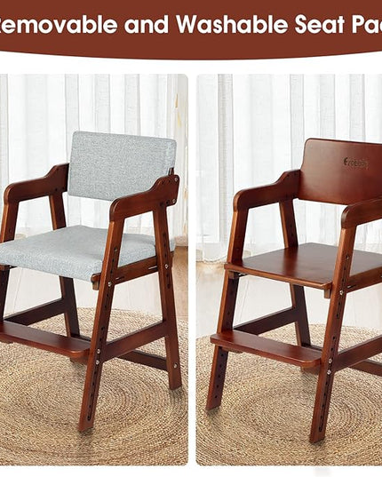 Ezebaby Wooden High Chair for Toddlers to Teens, Adjustable Kids Study Chair with Steps, Kids Dining Chair with Removable Cushion (Nut-Brown) - LeafyLoom