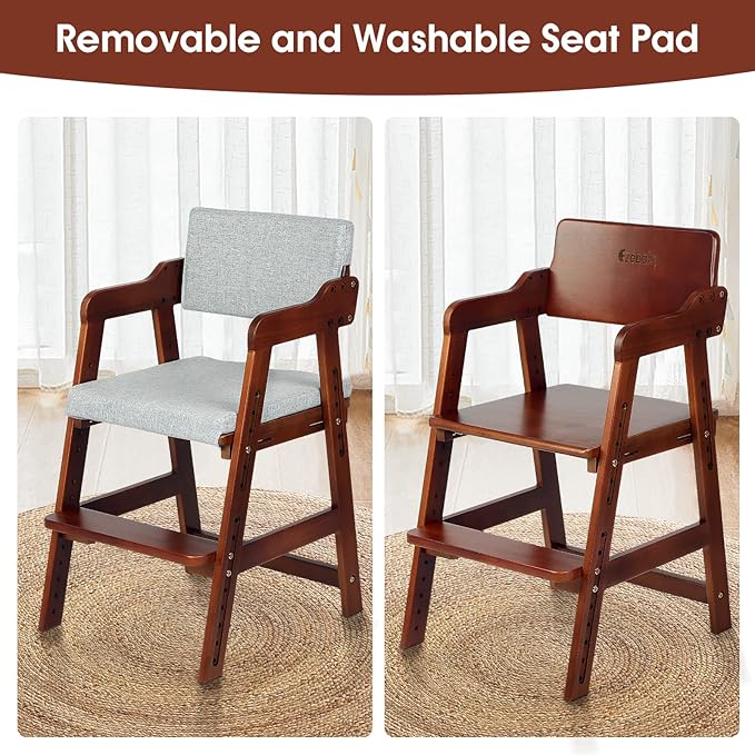 Ezebaby Wooden High Chair for Toddlers to Teens, Adjustable Kids Study Chair with Steps, Kids Dining Chair with Removable Cushion (Nut-Brown) - LeafyLoom