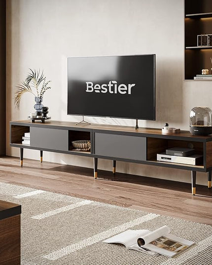 Bestier Mid Century Modern TV Stand for 85 inch tv, Entertainment Center with Storage and Sliding Doors, 2 in 1 Long TV Cabinet for Living Room, Ancona Walnut - LeafyLoom