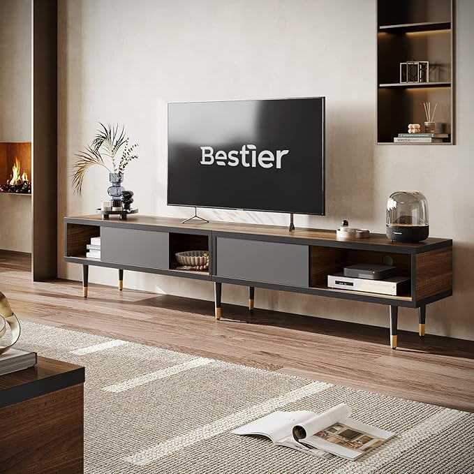 Bestier Mid Century Modern TV Stand for 85 inch tv, Entertainment Center with Storage and Sliding Doors, 2 in 1 Long TV Cabinet for Living Room, Ancona Walnut - LeafyLoom