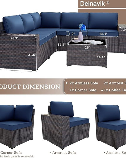 Patio Furniture Set Sofa 6pcs Wicker Sectional Sofa Set, Outdoor Furniture Rattan Patio Conversation Set with Thickened Cushions and Glass Coffee Table, Dark Blue - LeafyLoom