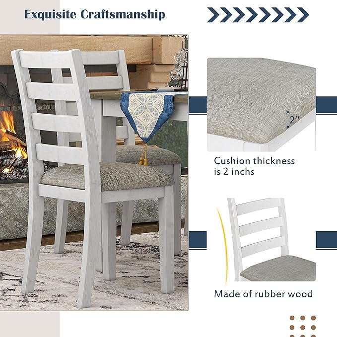 RITSU Rustic Style 6-Piece Dining Table Living Room,with 4 Upholstered Chairs,farmhouse or coastal chic decor Furniture Set,a Bench,Brown and Whitewash, Onesize - LeafyLoom