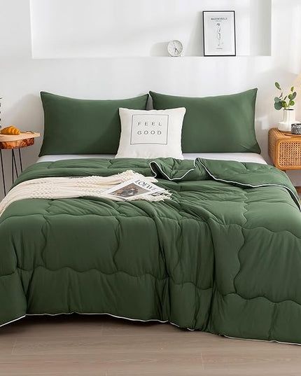 COTTEBED 3 Pieces Softness Comforter Set KING Size Bed, California Cal King Jersey Knit T-Shirt Feel Ultra-Soft Comy Lightweight 1 Bedding Quilt Blanket Conforter & 2 Pillowsham All Season Olive Green - LeafyLoom
