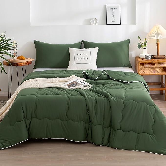 COTTEBED 3 Pieces Softness Comforter Set KING Size Bed, California Cal King Jersey Knit T-Shirt Feel Ultra-Soft Comy Lightweight 1 Bedding Quilt Blanket Conforter & 2 Pillowsham All Season Olive Green - LeafyLoom