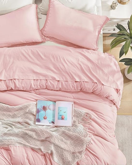Andency Pink Tassel Comforter Set Full(79x90Inch), 3 Pieces(1 boho Comforter, 2 Pillowcases) Farmhouse Shabby Chic Comforter Set, Soft Microfiber Lightweight Fringe Bedding Comforter Set - LeafyLoom