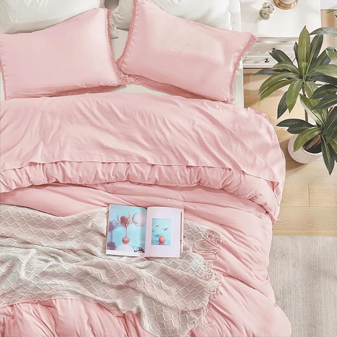 Andency Pink Tassel Comforter Set Full(79x90Inch), 3 Pieces(1 boho Comforter, 2 Pillowcases) Farmhouse Shabby Chic Comforter Set, Soft Microfiber Lightweight Fringe Bedding Comforter Set - LeafyLoom