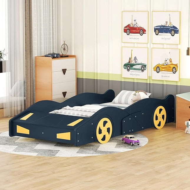 Twin Size Car Bed with Storage Space,Race Car-Shaped Platform Wooden Bedframe W/Wheels,No Box Spring Required,for Boys Toddlers Kids Child's Bedroom,Dark Blue+Yellow - LeafyLoom