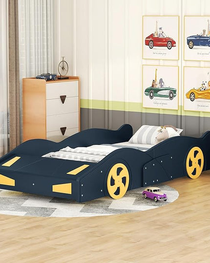 Twin Size Race Car Bed for Kids, Car-Shaped Bed Frame with Wheels and Storage Footboard for Boys, Wood Slats Support,No Box Spring Needed, Dark Blue+Yellow - LeafyLoom