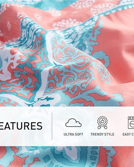 Degrees of Comfort Bed in A Bag Queen Size, Boho Mandala 8 Piece Complete Comforter Sets with Sheet for Women, Microfiber Bohemian Colorful Bedding Set, Matching Decorative Pillow, Coral - LeafyLoom