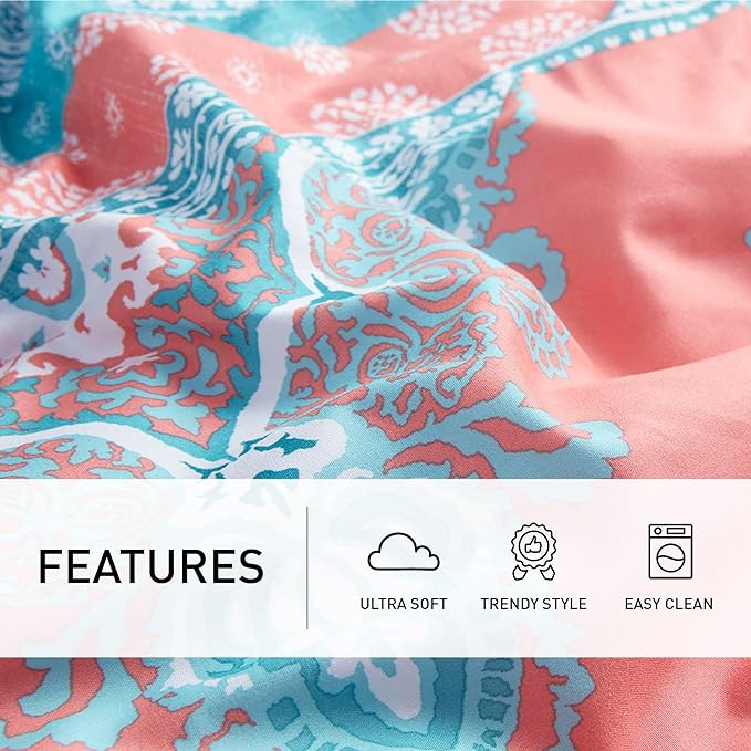 Degrees of Comfort Bed in A Bag Queen Size, Boho Mandala 8 Piece Complete Comforter Sets with Sheet for Women, Microfiber Bohemian Colorful Bedding Set, Matching Decorative Pillow, Coral - LeafyLoom