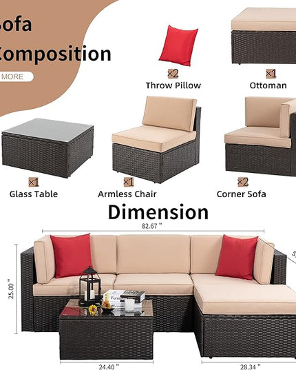 Shintenchi 5 Pieces Patio Furniture Sets Outdoor All-Weather Sectional Patio Sofa Set PE Rattan Manual Weaving Wicker Patio Conversation Set with Glass Table&Ottoman Cushion and Red Pillows - LeafyLoom