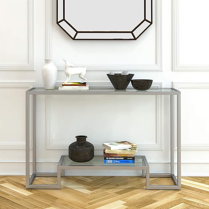 Henn&Hart 47.75" Wide Rectangular Console Table in Satin Nickel, Entryway Table, Accent Table for Living Room, Hallway - LeafyLoom