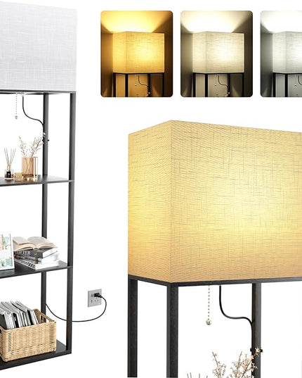 Dott Arts Floor Lamp with Shelves, Wide Floor Lamps for Living Room Display Shelf Lamps with 3 Color LED Bulb,Storage Wood Modern Floor Lamp for Bedroom Standing Lamp for Living Room Office（Black） - LeafyLoom