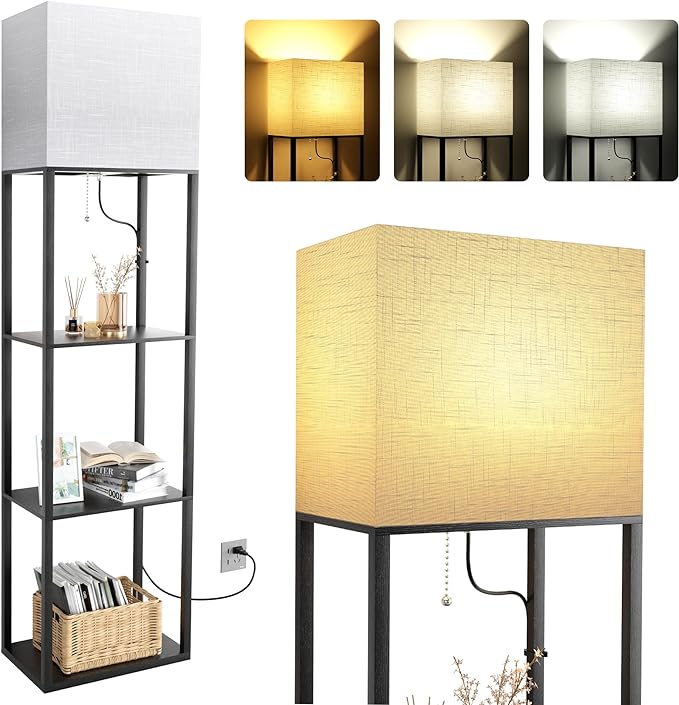 Dott Arts Floor Lamp with Shelves, Wide Floor Lamps for Living Room Display Shelf Lamps with 3 Color LED Bulb,Storage Wood Modern Floor Lamp for Bedroom Standing Lamp for Living Room Office（Black） - LeafyLoom