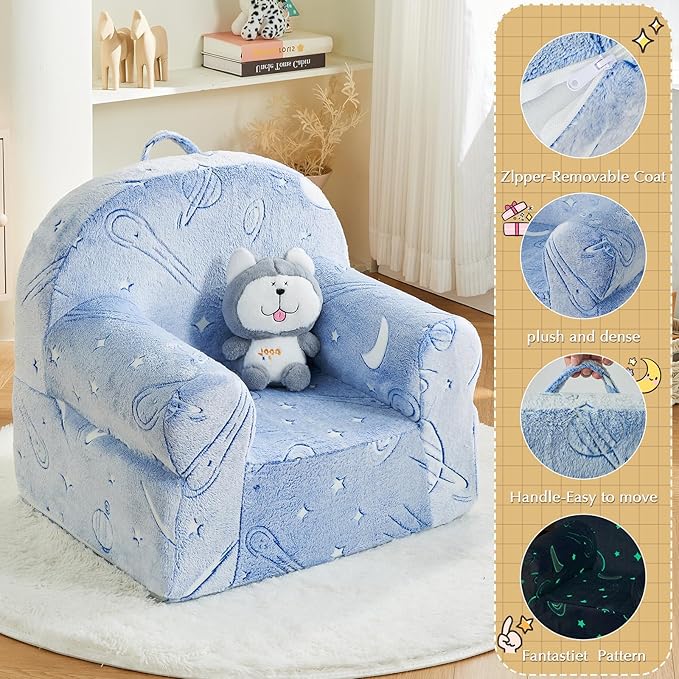 Toddler Chair Kids Plush Chair Sherpa Kids Chairs, Toddler Couch Bean Bag Chairs for Kids Gaming Chair for Kids Glow in The Dark,Starry Sky Blue - LeafyLoom
