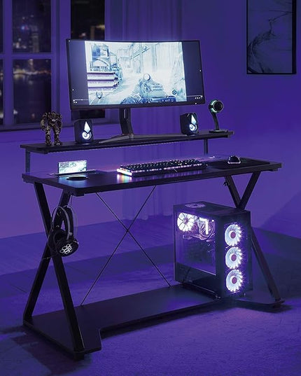 OSP Home Furnishings Checkpoint Ghost Battlestation Gaming Desk with RGB LED Lights, Black - LeafyLoom