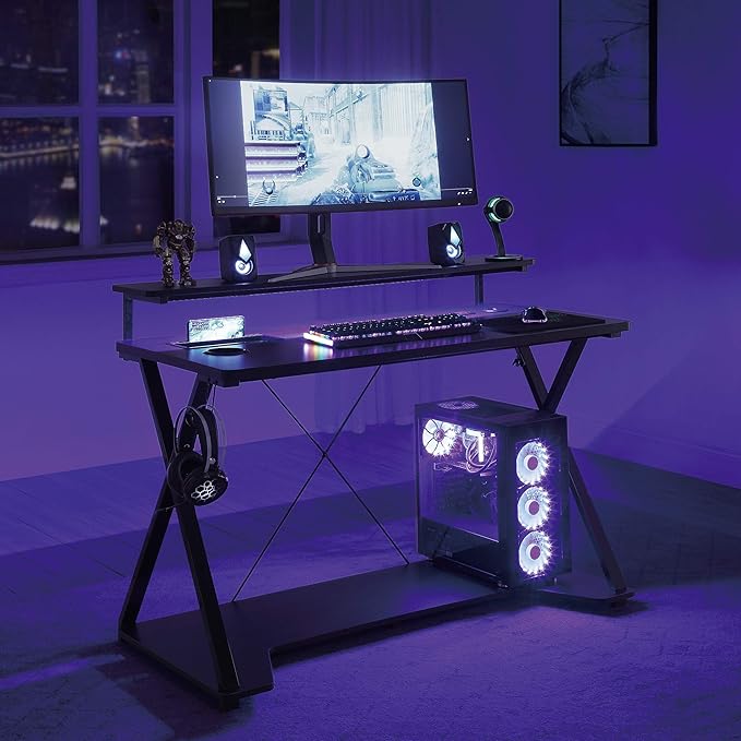 OSP Home Furnishings Checkpoint Ghost Battlestation Gaming Desk with RGB LED Lights, Black - LeafyLoom