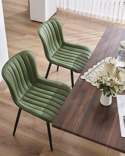 YOUNUOKE Olive Green Dining Chairs Set of 2 Upholstered Mid Century Modern Kitchen Chair Armless Faux Leather Side Chairs with Padded Back Metal Legs for Living Room Bedrooms - LeafyLoom