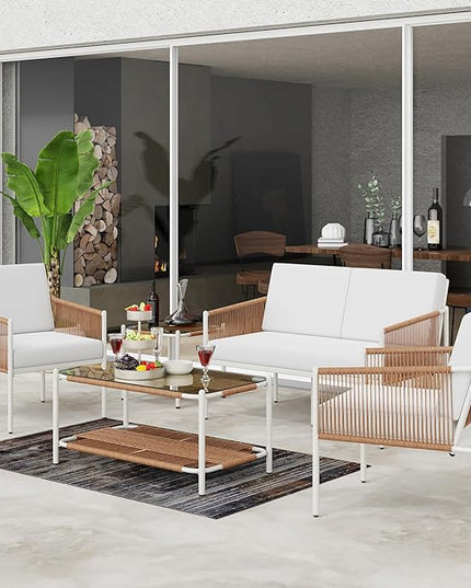 Shintenchi 5 Piece Wicker Outdoor Patio Furniture Set, White Metal Sofa Conversation Set, including Loveseat, Two Single Chairs and Two Coffee Tables for Backyard, Patio, Balcony, Poolside - LeafyLoom