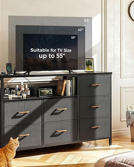 AODK Dresser with Charging Station, 52-Inch Long Dresser for Bedroom with 7 Large Fabric Drawers, Entertainment Center with Open Shelves for 55-Inch TV for Living Room, Black and Dark Grey - LeafyLoom